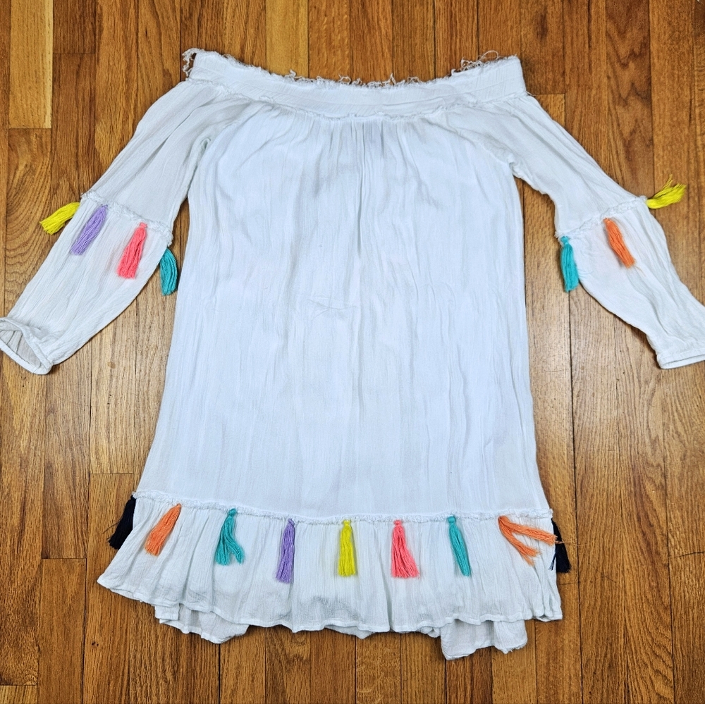 Chelsea & Theodore white off shoulder tassel dress